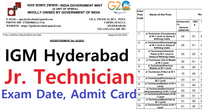 IGM Hyderabad Junior Technicians Recruitment Admit card 2023, Exam Date